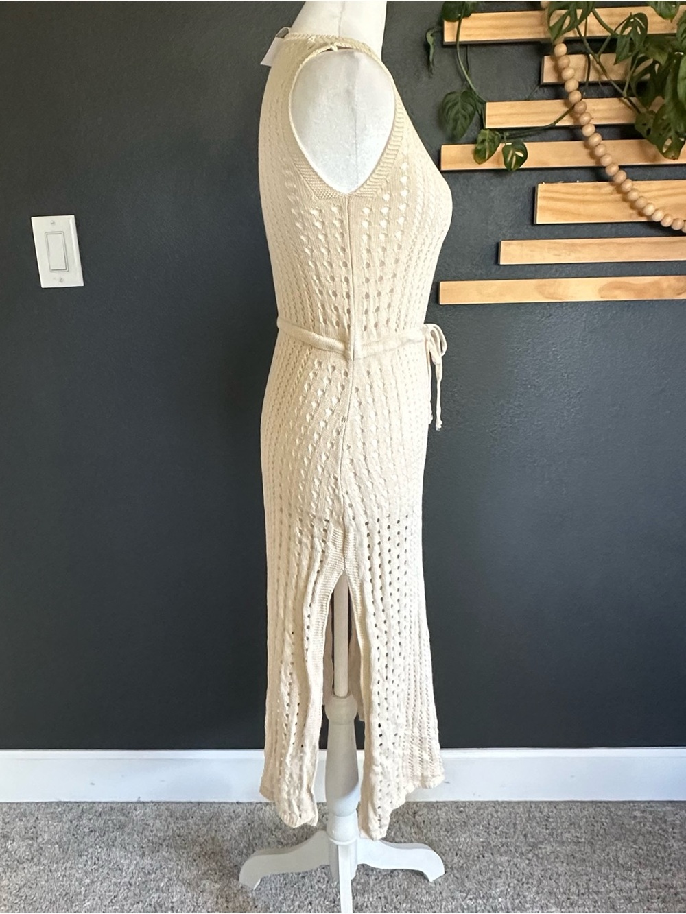 B Crochet Knit Sleeveless Swim Cover-Up Dress Cream Beige Medium Resort Coastal - Picture 4 of 9